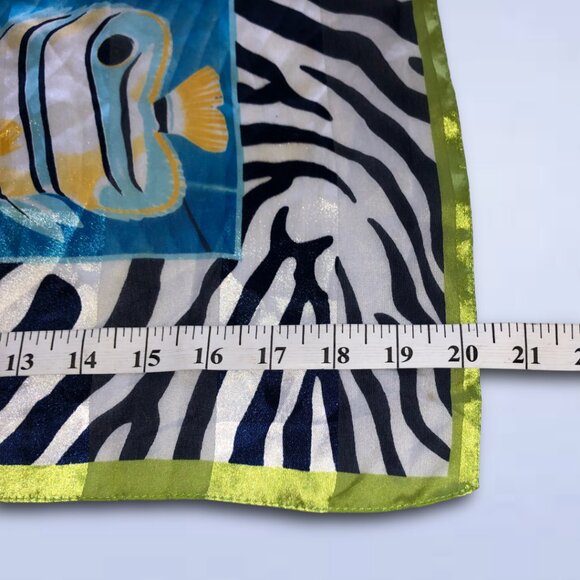 Vintage Square Scarf Tropical Fish Zebra Print Blue Green | 20”x20” - Picture 4 of 5